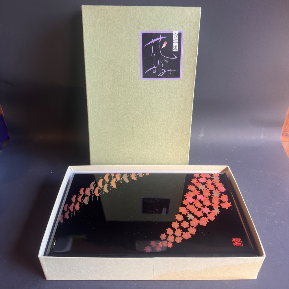 Aizu Lacquerware Postcard Box Japanese Black Wood Cherry Blossom Vintage Boxed